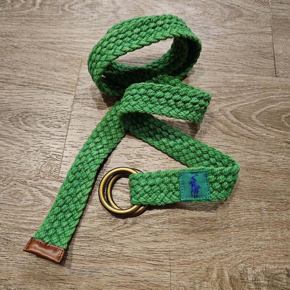 Polo Ralph Lauren Mens Green Braided Cotton Belt Leather Trim D Ring Pony